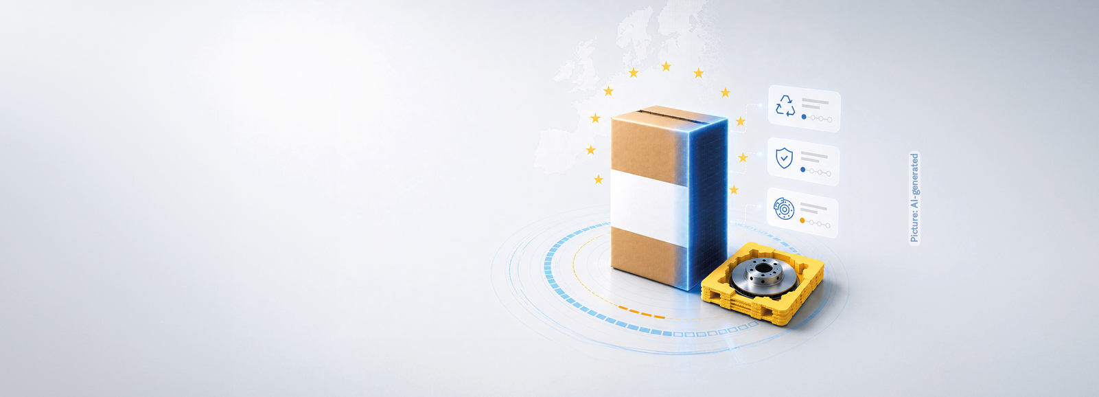 Cardboard box and layer tray with the EU flag in the background and certification symbols